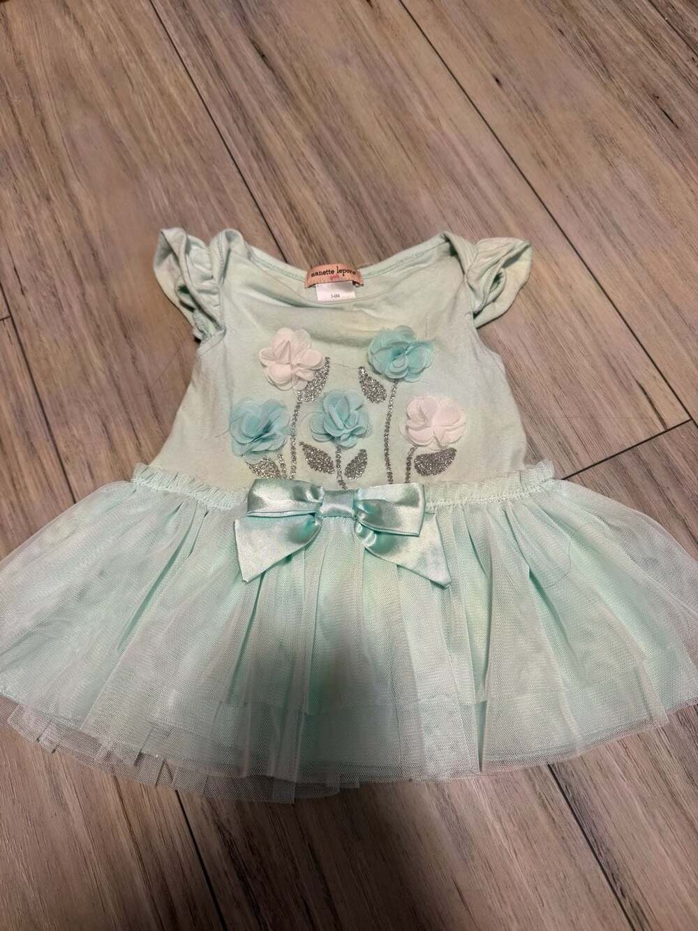 Nanette Lepore Girls Mint Green Floral Tulle Dress with Bow Detail, Size 3-6M